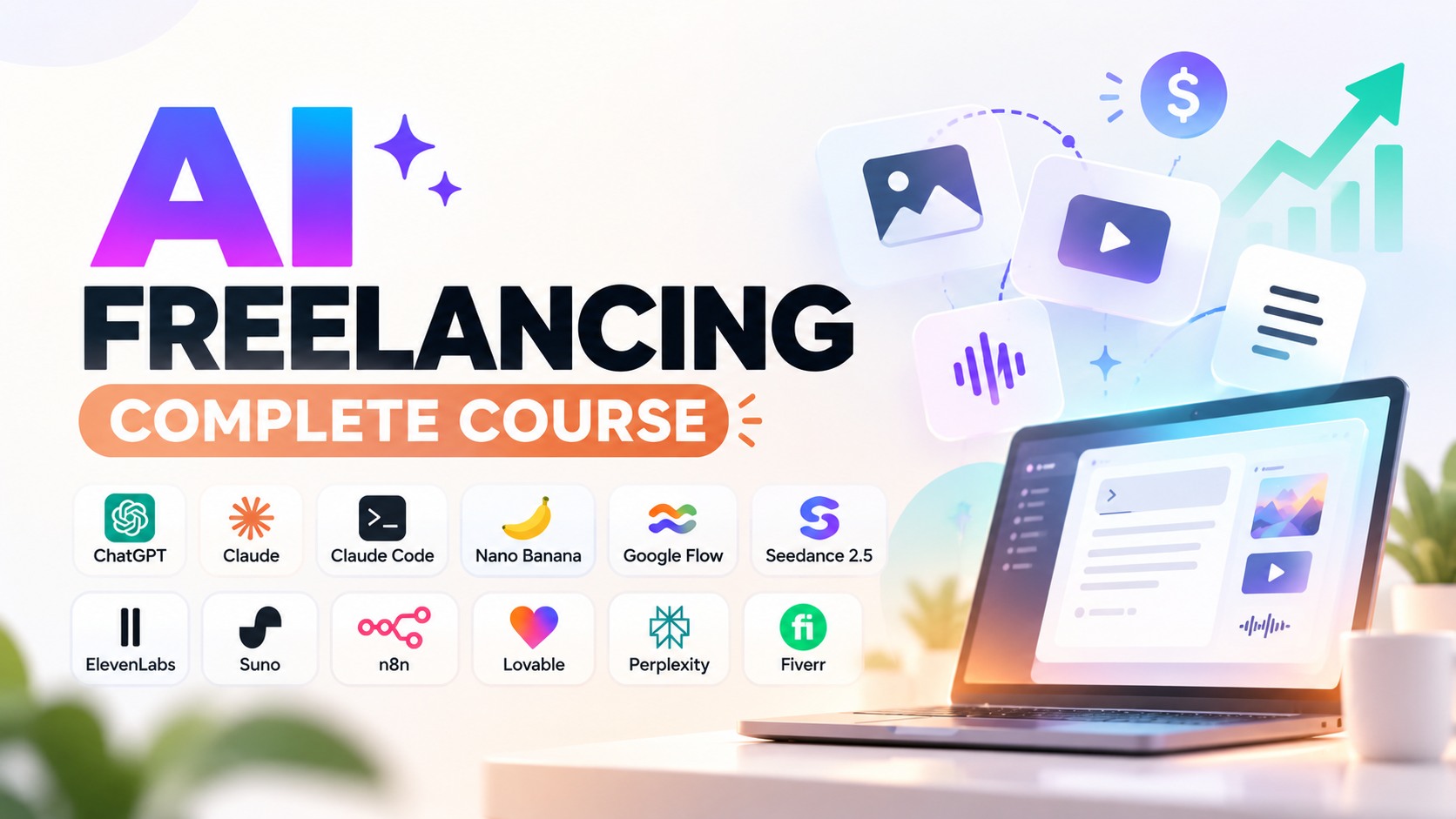 AI FREELANCING COMPLETE COURSE : ChatGPT + Claude & Claude Code + Nano Banana + Google Flow + Seedance 2.5 + ElevenLabs + Suno + n8n + Lovable + Perplexity + Fiverr